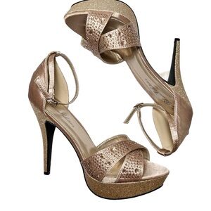 De Blossom Derek Platform Heels Rose Gold Rhinestone Stiletto Womens 9 NWOT